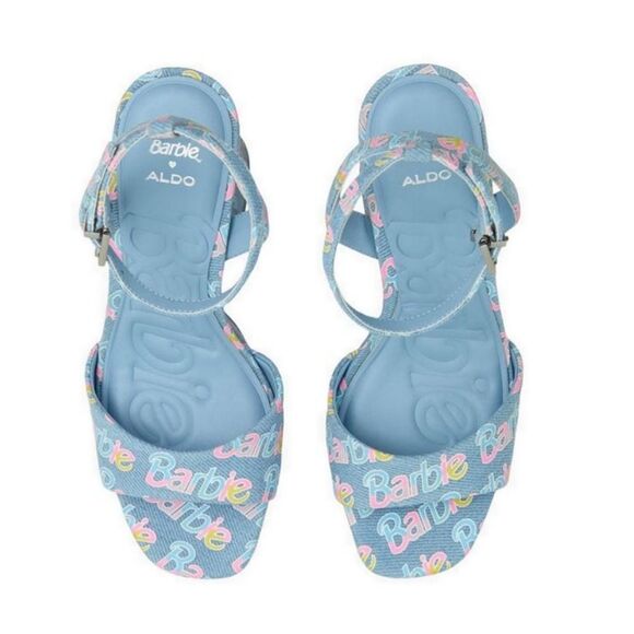 BRAND NEW ALDO BARBIE PARTY PRINTED  DENIM STRAPPY PLATFORM HEELED PLATF… G1 - Picture 7 of 16